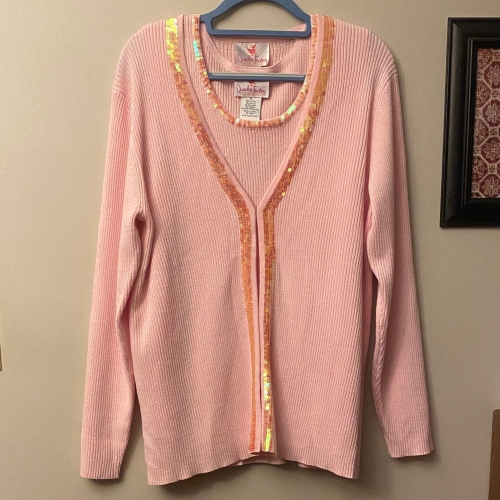 Quacker Factory Pink Sequin-Trim Rib V-Neck cardigan & camisole 🆕